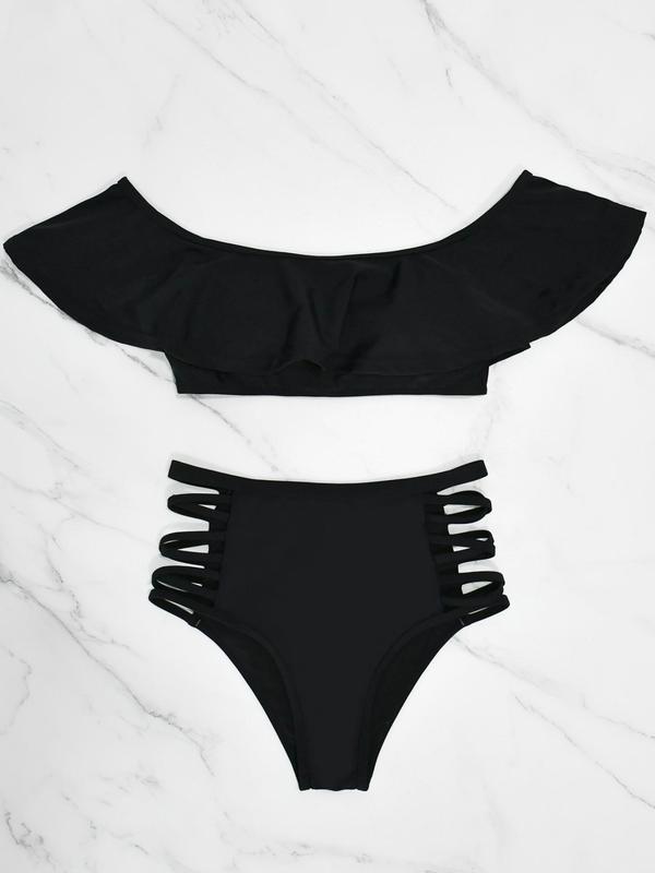 Two-Piece Set Women's Solid Off Shoulder Swimsuit Set, Sporty Ruffle Trim Swim Wireless Bra & Cut Out High Waist Swim Panty, Ladies Swimwear for Beach Holiday Vacation