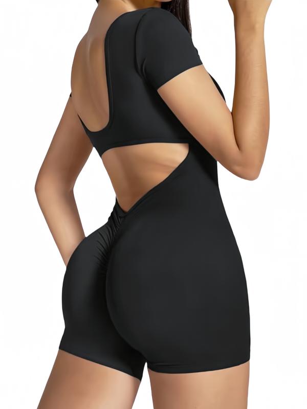 Women's Solid Cut Out Runched Sports Romper, Tummy Control Jumpsuit, Short Sleeve Square Neck Bodycon Romper For Yoga Gym Workout Ruched Backless