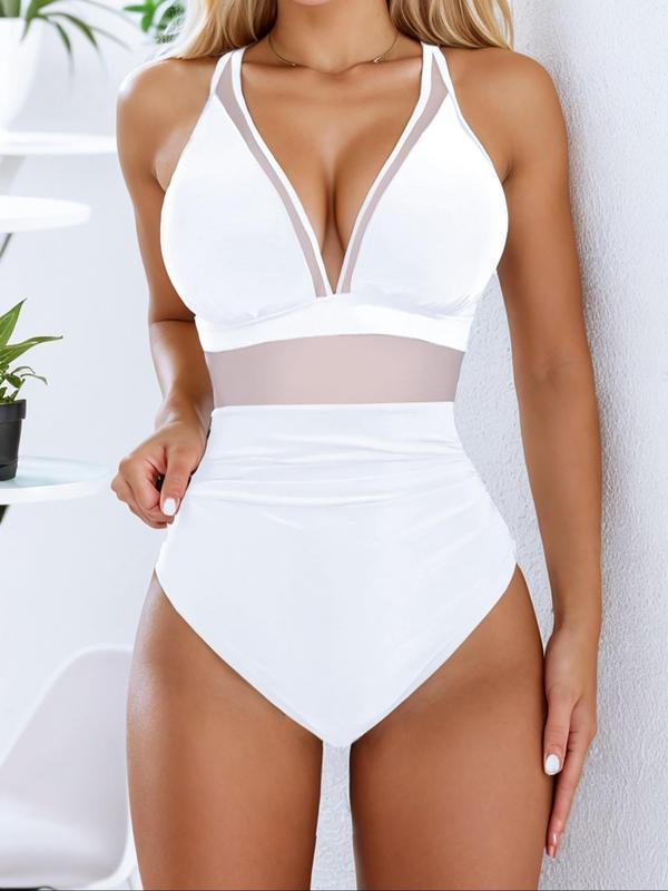 Sam Louise Exclusive Women's Solid Contrast Mesh Ruched One-piece Swimsuit, Bathing Suits Women, One Piece Swimsuits 2024, Summer Tummy Control Swimwear, Back To School High Waist Swimwear for Summer, Women's Swimsuit for Beach Holiday, Women's Clothing