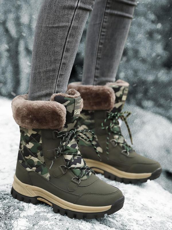 Women's Camo Print Lace Up High Top Hiking Shoes, Casual Comfortable Warm Non-slip Sole Snow Boots, Outdoor Sports Shoes for Fall & Winter