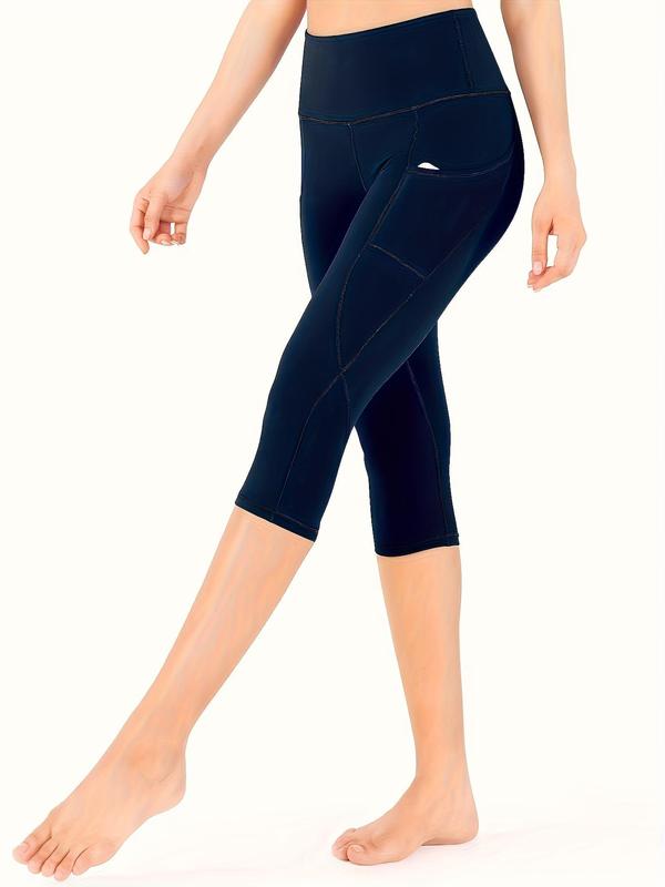 Plus Size Plain Pocket Sports Capri Leggings, Fall Outfits 2024, High Stretch Seamless Yoga Leggings, Ladies Sportswear for Indoor Outdoor Wear