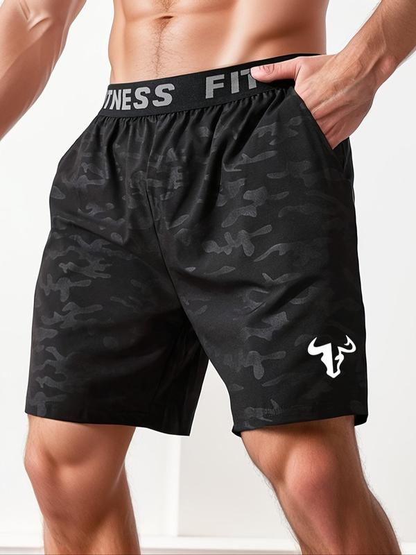 Men's Bull Head Print Letter Tape Athletic Sports Shorts, Casual Pocket Sports Shorts, Gym Shorts, Fall Clothes, Men Sport & Outdoor Clothing for Back To School Football Drip