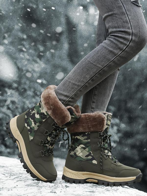 Women's Camo Print Lace Up High Top Hiking Shoes, Casual Comfortable Warm Non-slip Sole Snow Boots, Outdoor Sports Shoes for Fall & Winter