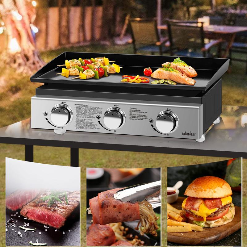 BIG HORN OUTDOORS Portable Propane Tabletop 23 Inch Flat Top Gas Grill  with 3 Burners Gas Griddle