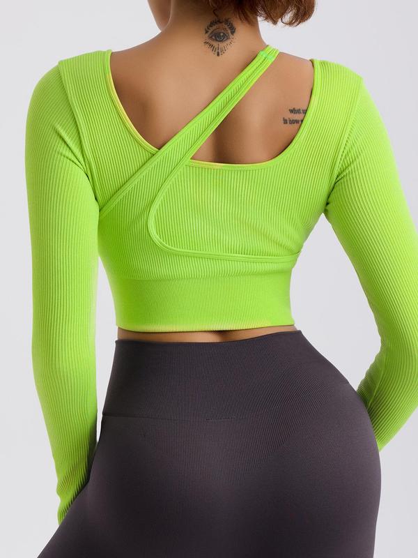 Women's Solid Asymmetrical Design Cycling Top, Sporty High Stretch Quick Drying Long Sleeve Crop Top, Ladies Sportswear for Cycling Running Gym, Fall Outfits, Fallfreshness