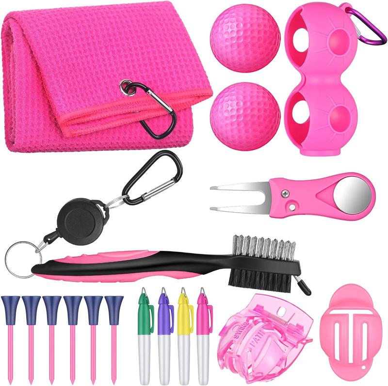 18 count Pink Golf Accessories Kit Include Golf Ball Marker Golf Balls Holder Club Groove Cleaner Brush Divot Repair Plastic Tees Pink Golf Towel with Clip Golf Gift Set for Women