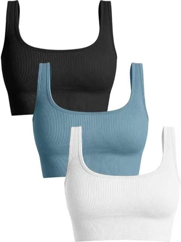 Women's Solid Ribbed Removable Pads Sports Bra, Fall Outfits, Fallfreshness Breathable Comfortable Square Neck Sports Vest, Ladies Sportswear for Indoor Outdoor Wear, Gym Top for Women, Bras for Women