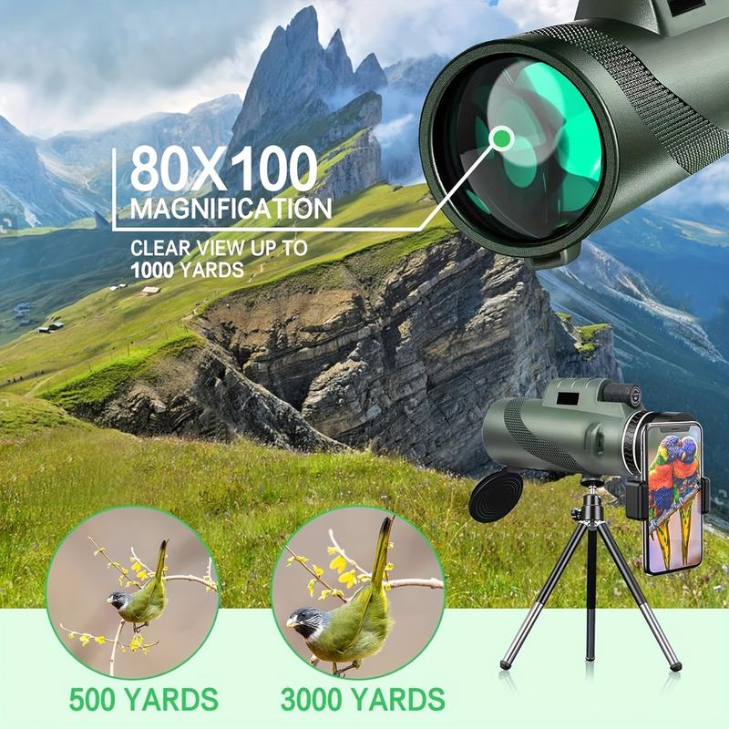 80x100 HD Monocular Telescope for Smartphones with Tripod & Adapter High power low light vision