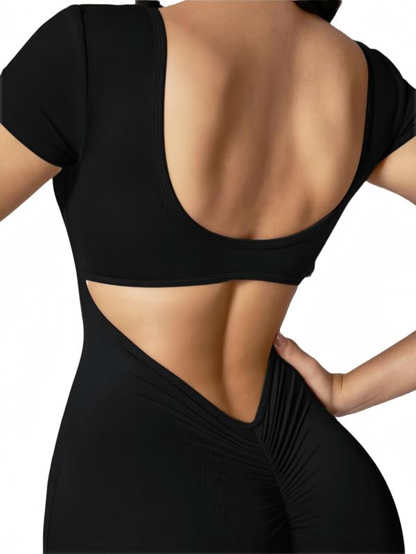 Women's Solid Cut Out Runched Sports Romper, Tummy Control Jumpsuit, Short Sleeve Square Neck Bodycon Romper For Yoga Gym Workout Ruched Backless