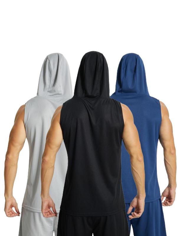 Men's 3pcs Solid Drawstring Hooded Sports Vest, Casual Sporty Sleeveless Hooded Tank Top for Gym Workout Running,  Running Vest, Athletic Vest for Men