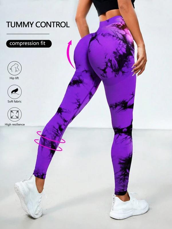 3 Pack Purple, Green & Burgundy Tie Dye Print High Waisted Workout Leggings for Women Scrunch Rear Lifting High Waist Tummy Control Yoga Athletic Wear