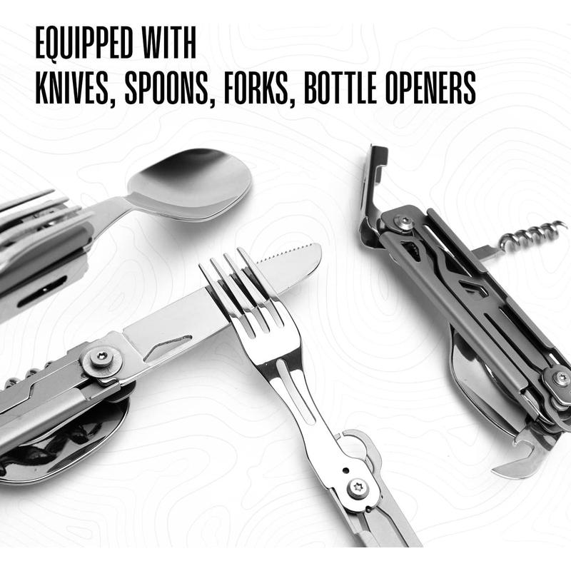 Camping Utensils - 4 In 1 Stainless Steel, Safety Locking Camping Accessories with Durable Sheath - Compact Multi Tool For Camping With Knive, Spoon, Fork, Bottle Opener by