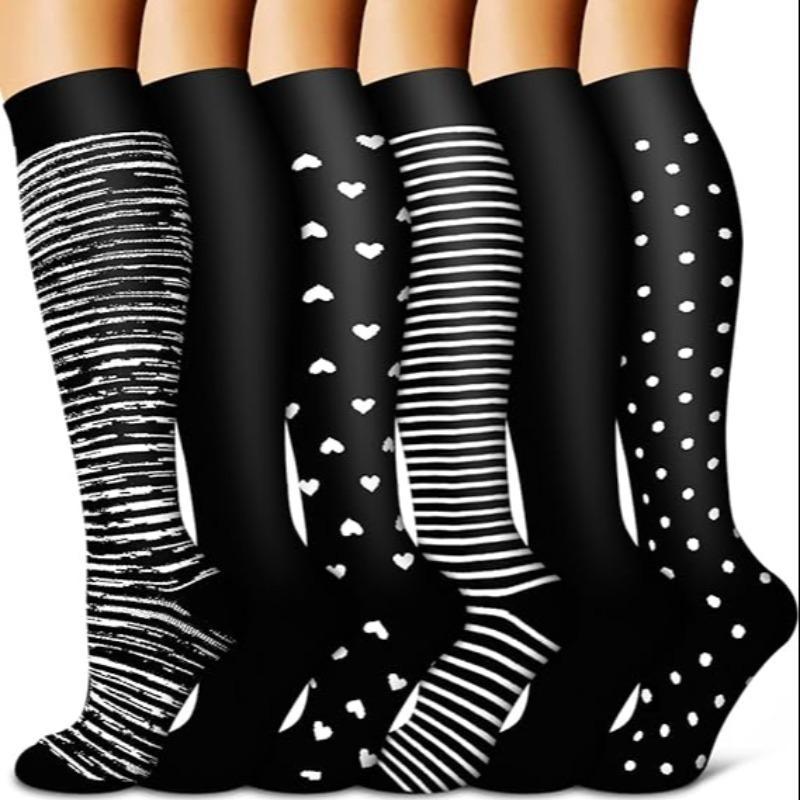 Unisex's Heart & Striped Print Compression Socks, 6 Pairs Casual Comfy Breathable Socks for Running Jogging Hiking, Sports Socks for Men & Women