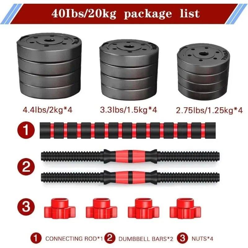 Adjustable Dumbbells Barbells, 40lbs 20kg Free Weight Set with Connector, 2 in 1 Non-slip Dumbbells and Barbell for Fitness Equipment