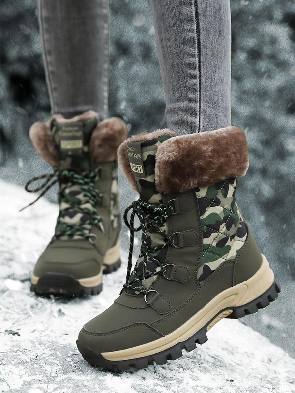 Women's Camo Print Lace Up High Top Hiking Shoes, Casual Comfortable Warm Non-slip Sole Snow Boots, Outdoor Sports Shoes for Fall & Winter