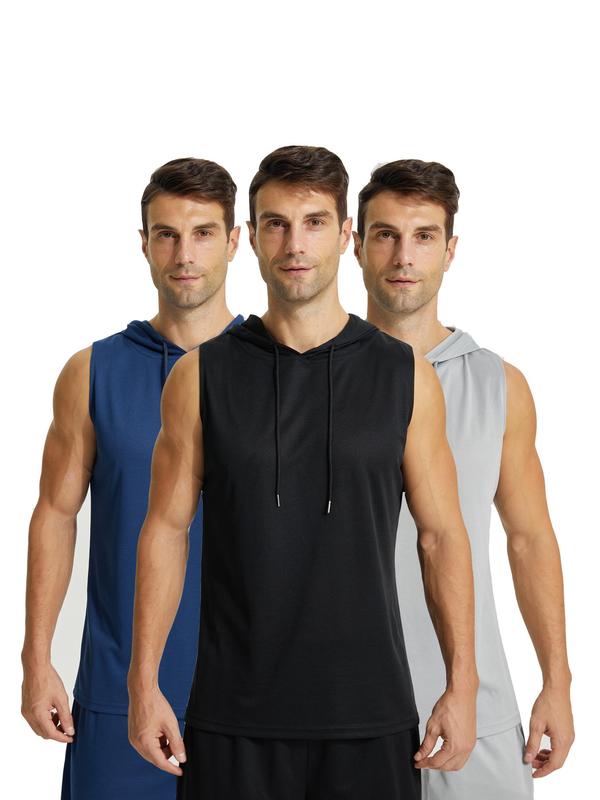 Men's 3pcs Solid Drawstring Hooded Sports Vest, Casual Sporty Sleeveless Hooded Tank Top for Gym Workout Running,  Running Vest, Athletic Vest for Men