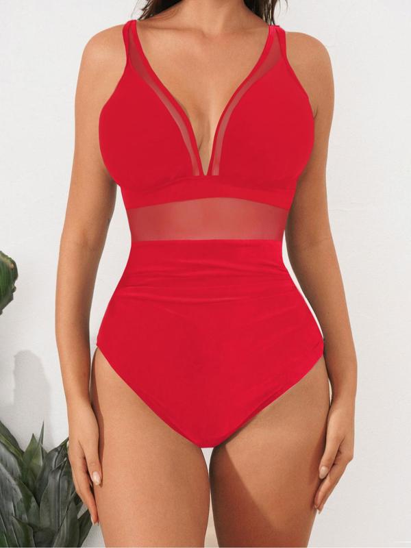 Sam Louise Exclusive Women's Solid Contrast Mesh Ruched One-piece Swimsuit, Bathing Suits Women, One Piece Swimsuits 2024, Summer Tummy Control Swimwear, Back To School High Waist Swimwear for Summer, Women's Swimsuit for Beach Holiday, Women's Clothing