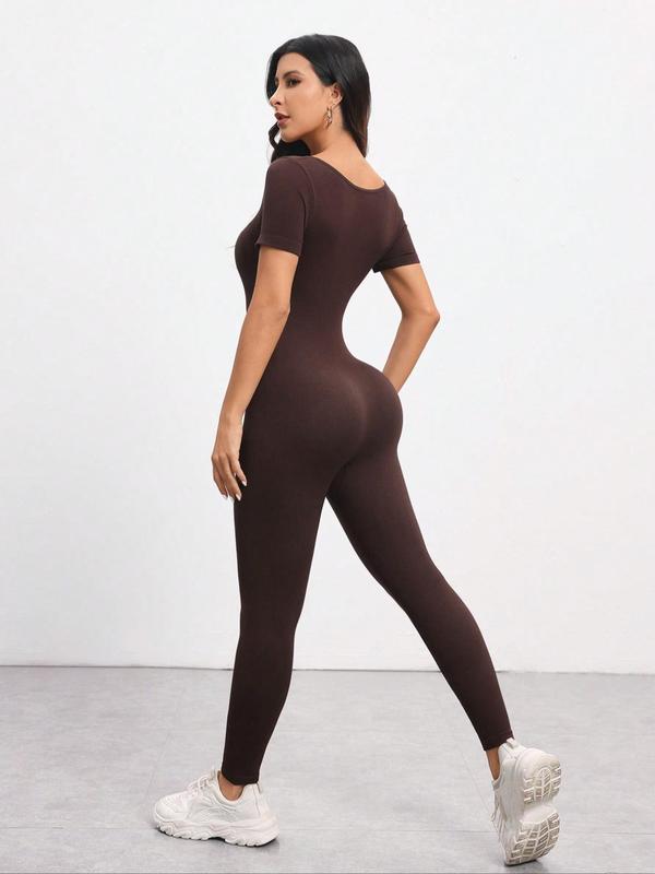 Solid Square Neck Sports Jumpsuits for Women, Casual Sporty Seamless Tummy Control Jumpsuit for Yoga Gym Workout Running, Overalls for Women, Ladies Sportswear for All Seasons