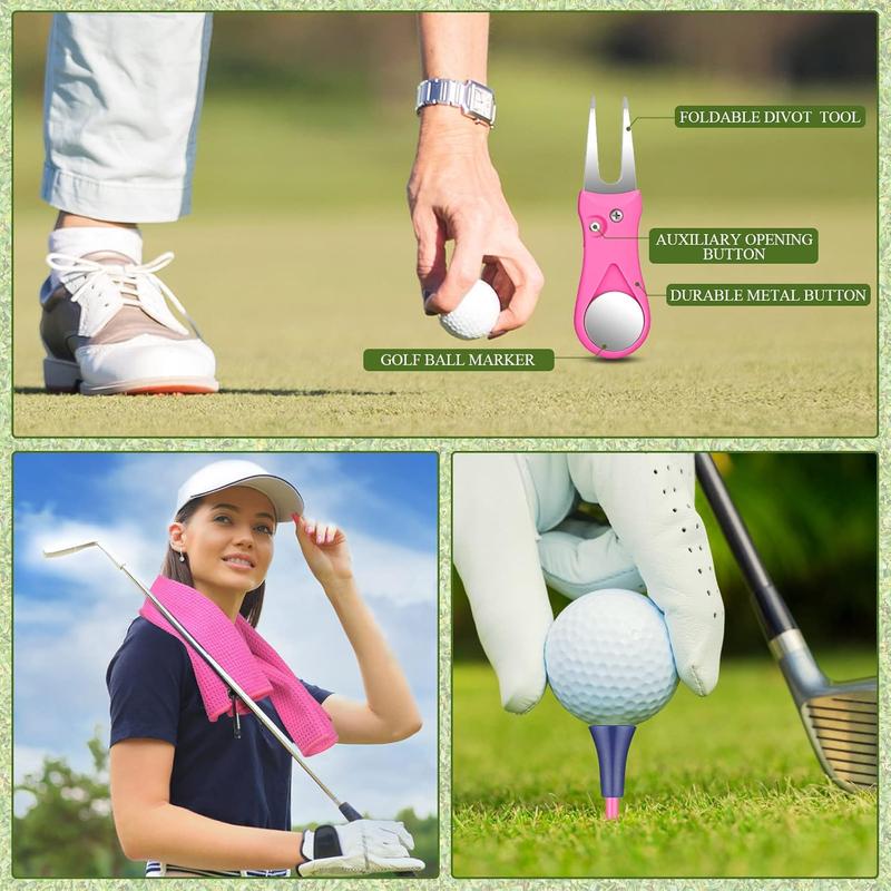 18 count Pink Golf Accessories Kit Include Golf Ball Marker Golf Balls Holder Club Groove Cleaner Brush Divot Repair Plastic Tees Pink Golf Towel with Clip Golf Gift Set for Women