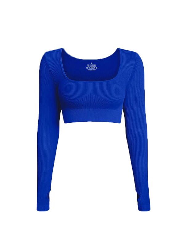 Women's Solid Color Ribbed U Neck Sports Crop Tee, Casual Sporty Long Sleeve T-shirt for Yoga Gym Workout Running, Ladies Sportswear for All Seasons