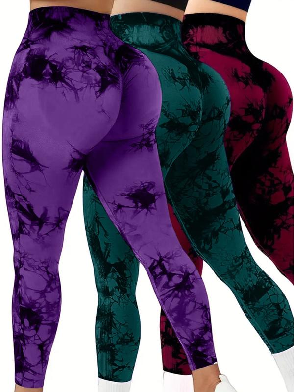 3 Pack Purple, Green & Burgundy Tie Dye Print High Waisted Workout Leggings for Women Scrunch Rear Lifting High Waist Tummy Control Yoga Athletic Wear