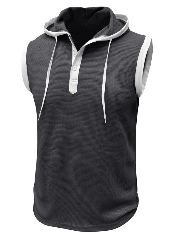 Men's Colorblock Drawstring Hooded Tank Top, Casual Sleeveless Button Front Top for Summer, Fashion Men's Loose Clothes for Gym Workout