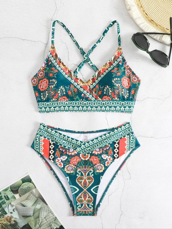 Women's Ethnic Floral Print Wrapped Bikini Set, Boho Sleeveless Criss Cross Swim Top & Swim Bottom, Summer Swimwear for Beach Vacation