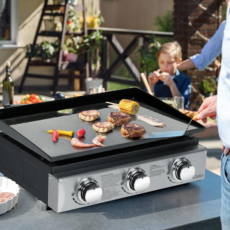 BIG HORN OUTDOORS Portable Propane Tabletop 23 Inch Flat Top Gas Grill  with 3 Burners Gas Griddle