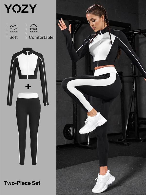 YOZY Women's Colorblock Zip Up Crop Jacket & High Waist Leggings Set, Breathable Comfy Outfits for Yoga Gym Workout Running, Ladies Clothes for All Seasons