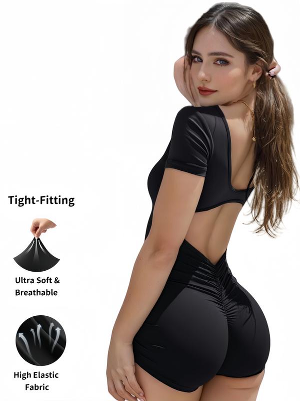 Women's Solid Cut Out Runched Sports Romper, Tummy Control Jumpsuit, Short Sleeve Square Neck Bodycon Romper For Yoga Gym Workout Ruched Backless