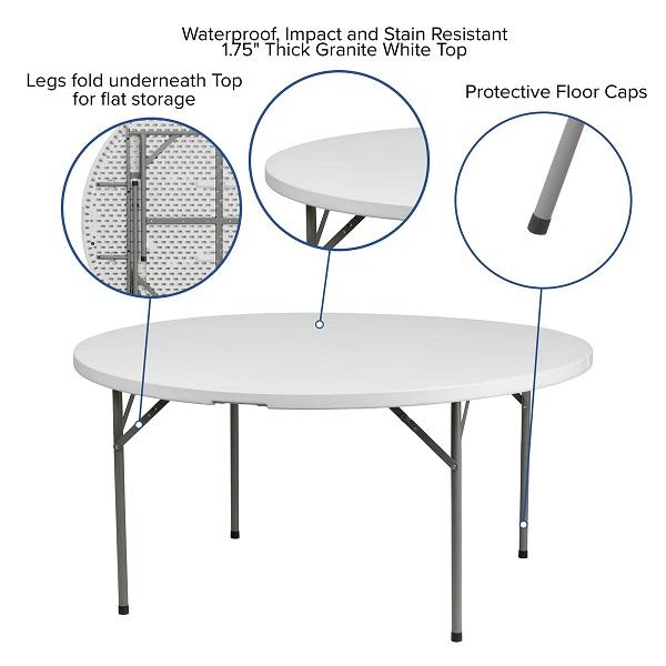 Events 5-Foot Round Plastic Folding Table - Lightweight Outdoor Picnic Table for Parties and Camping