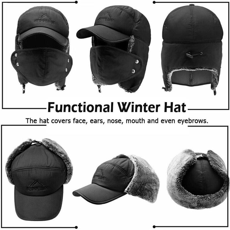 Men's Winter Trapper Hat with Ear Flaps Aviator Style Windproof Thermal Faux Fur Warm Hunting Skiing Cycling Cold Weather Hat with Face Mask