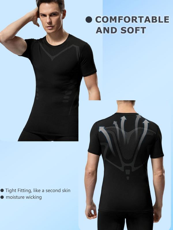 Sporty Men's Patchwork Print Round Neck Sports Tee, Sport Quick Drying Short Sleeve Compression T-Shirt for Summer, Sporty Top for Outdoor Sports