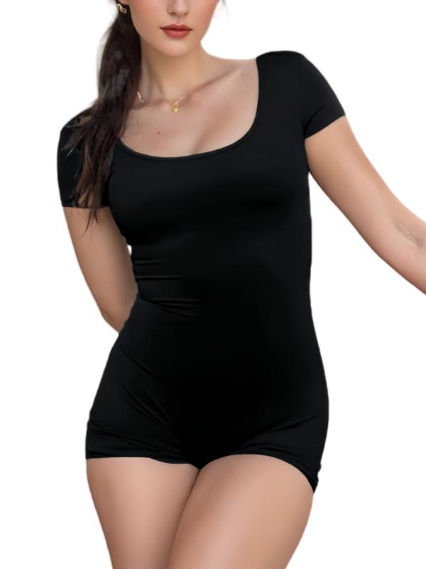 Women's Solid Cut Out Runched Sports Romper, Tummy Control Jumpsuit, Short Sleeve Square Neck Bodycon Romper For Yoga Gym Workout Ruched Backless