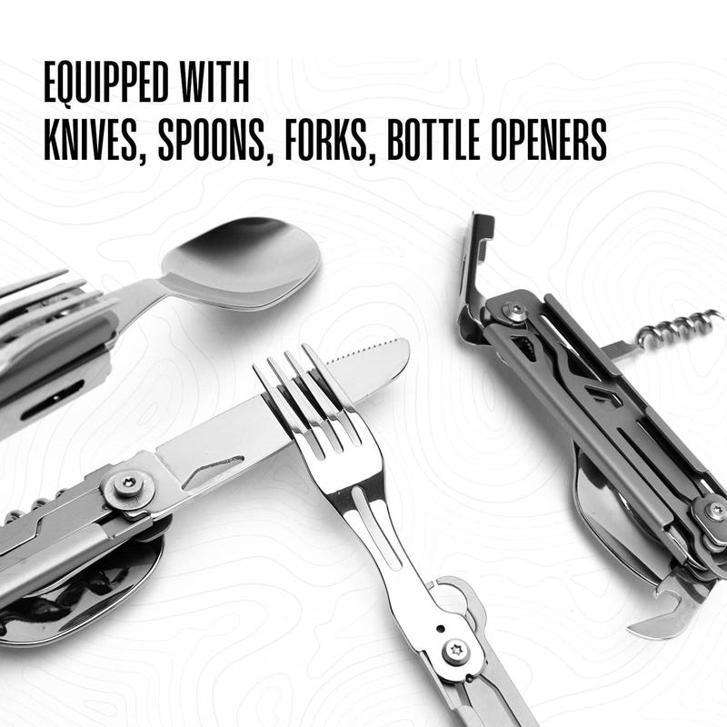 4 in 1 Stainless Steel Safety Locking Camping Accessory (2 Counts), Durable Knife with Sheath, Compact Multi-tool with Knife, Fork, Spoon, Opener, Outdoor Cooking Accessories