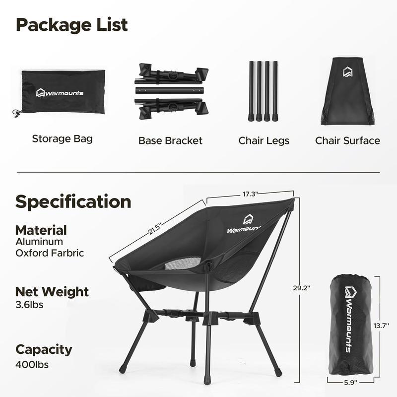 Camping Chair Backpacking, Compact Folding Camp Chair w Side Pocket, Portable Camping Chair w Storage Bag for Hiking, Travel, Beach, Fishing, Support 400lbs, 1Pack