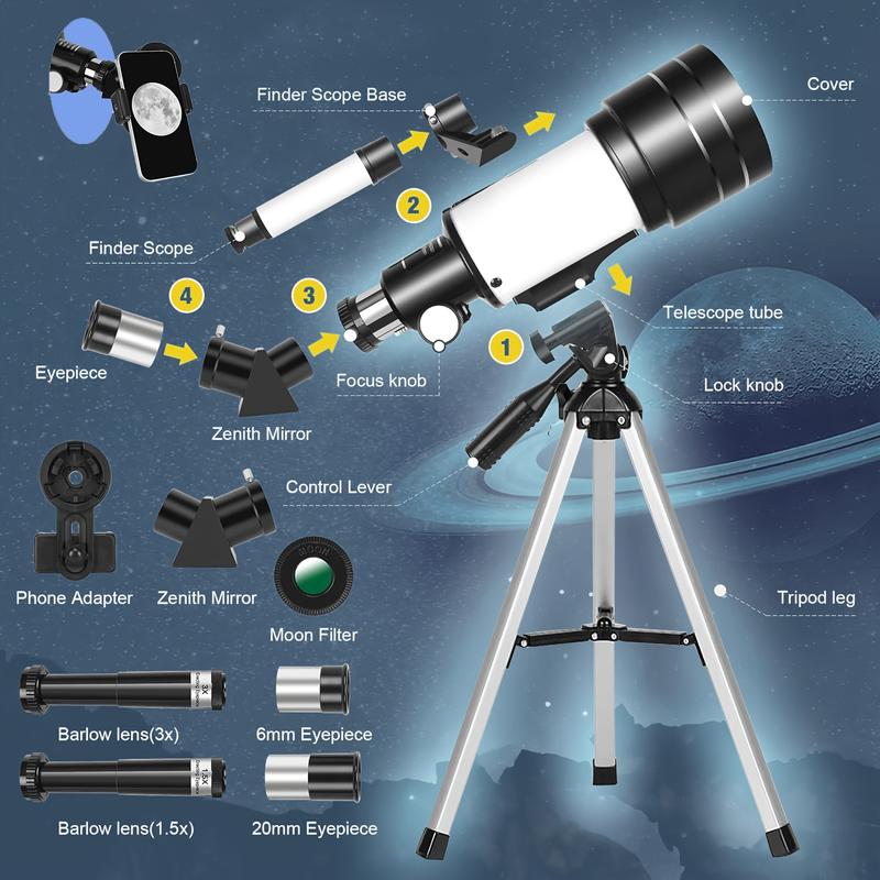 150X Telescope, 70mm Aperture Telescope For Adults High Powered, Portable Astronomical Telescope For Kids With Tripod Phone Adaptere And Wireless Remote