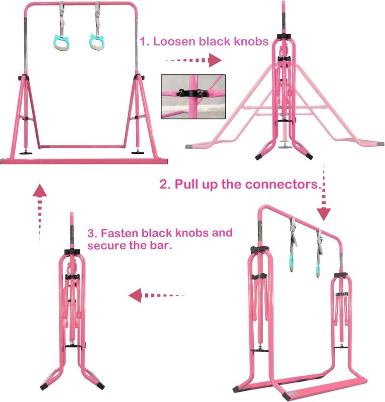 Updated Folding Gymnastics Bar with Rings, Foldable Kip Bar with Sturdier Base, Gymnasitc Training Bar for Kids Ages 3-10, Gymnastic Horizontal Bars, Home Gym Equipment for Boys Girls