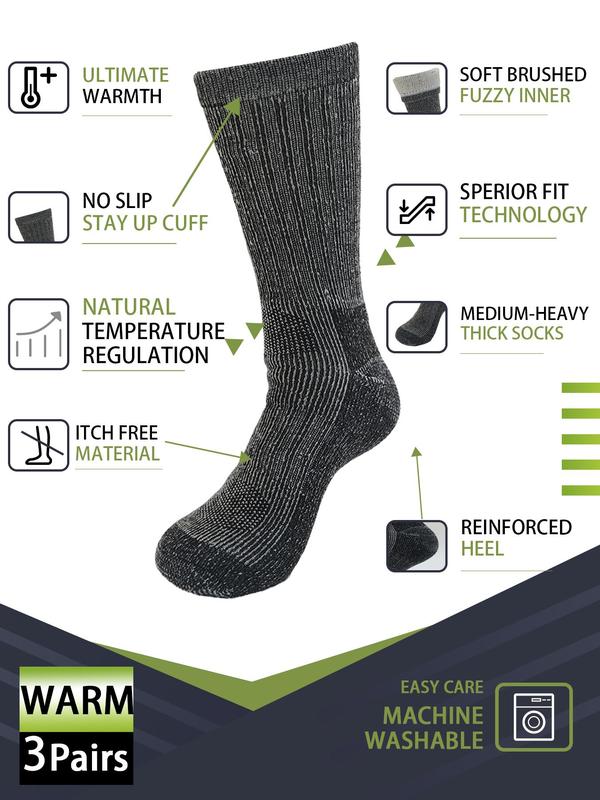 3 Pairs Men's and Women's Wool Crew Socks Heated Thickening Socks for Fall and Winter Suitable for Hiking Running Skiing Outdoor Sports, Work Labor Socks