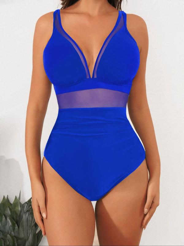 Sam Louise Exclusive Women's Solid Contrast Mesh Ruched One-piece Swimsuit, Bathing Suits Women, One Piece Swimsuits 2024, Summer Tummy Control Swimwear, Back To School High Waist Swimwear for Summer, Women's Swimsuit for Beach Holiday, Women's Clothing