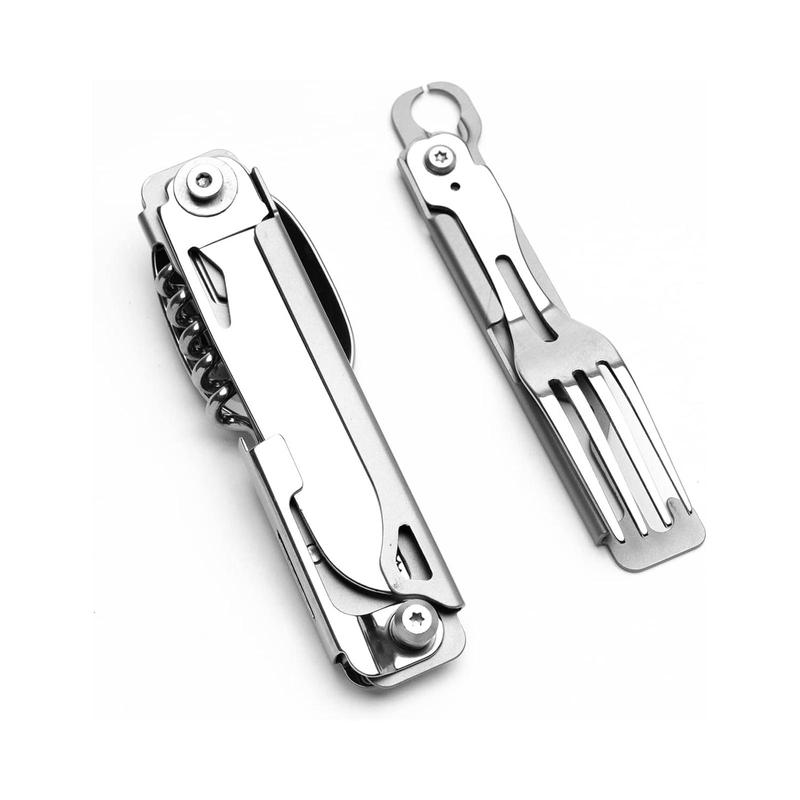 4 in 1 Stainless Steel Safety Locking Camping Accessory (2 Counts), Durable Knife with Sheath, Compact Multi-tool with Knife, Fork, Spoon, Opener, Outdoor Cooking Accessories