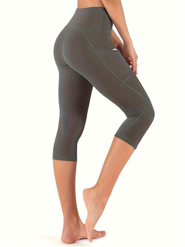 Plus Size Plain Pocket Sports Capri Leggings, Fall Outfits 2024, High Stretch Seamless Yoga Leggings, Ladies Sportswear for Indoor Outdoor Wear