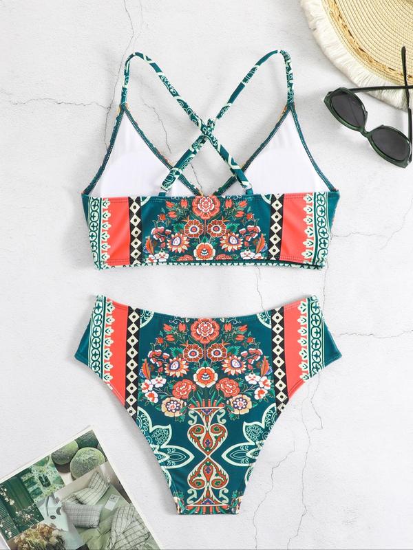 Women's Ethnic Floral Print Wrapped Bikini Set, Boho Sleeveless Criss Cross Swim Top & Swim Bottom, Summer Swimwear for Beach Vacation