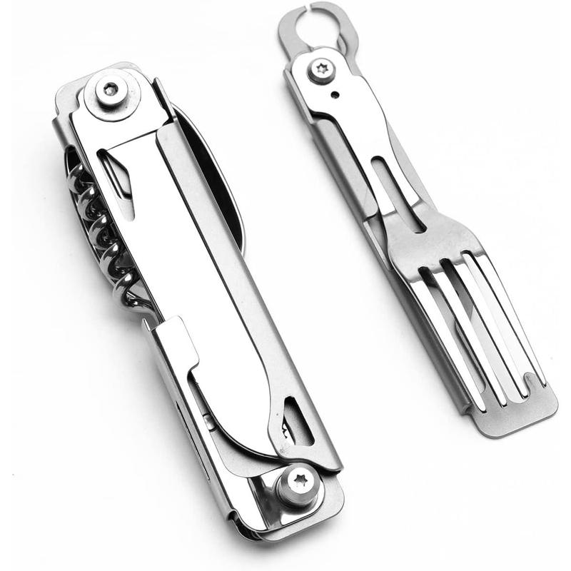 Camping Utensils - 4 In 1 Stainless Steel, Safety Locking Camping Accessories with Durable Sheath - Compact Multi Tool For Camping With Knive, Spoon, Fork, Bottle Opener by