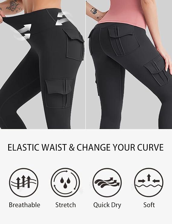 Goddess Gear Women's High Waisted Yoga Leggings with 4 Pockets for Sport and Gym Women's Summers Cargo Yoga Leggings High Waisted Tummy Control Stretch Workout Pants With Butt Lifting Effect