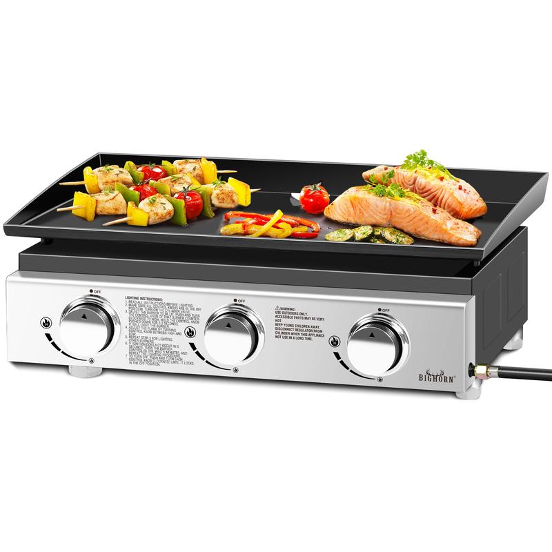 BIG HORN OUTDOORS Portable Propane Tabletop 23 Inch Flat Top Gas Grill  with 3 Burners Gas Griddle