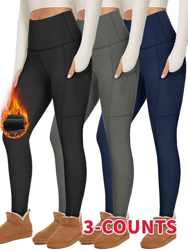 Women's Solid High Waist Sports Thermal Lined Leggings, Casual Comfy Warm Skinny Pants for Yoga Gym Workout Running, Ladies Sportswear for All Seasons