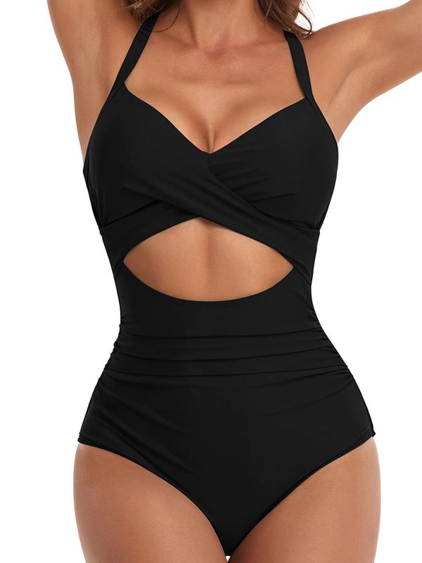 Women's Colorblock Striped Print Criss Cross Cut Out Ruched One-piece Swimsuit, Summer Tummy Control Swimwear, Tie Back Sleeveless Swimwear for Summer, Women's Back To School Bathing Suits for Beach Holiday, Summer Outfits 2024