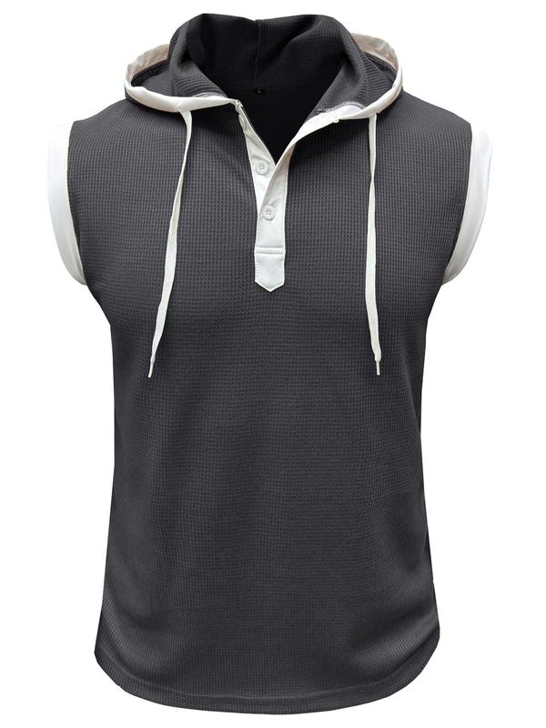 Men's Colorblock Drawstring Hooded Tank Top, Casual Sleeveless Button Front Top for Summer, Fashion Men's Loose Clothes for Gym Workout