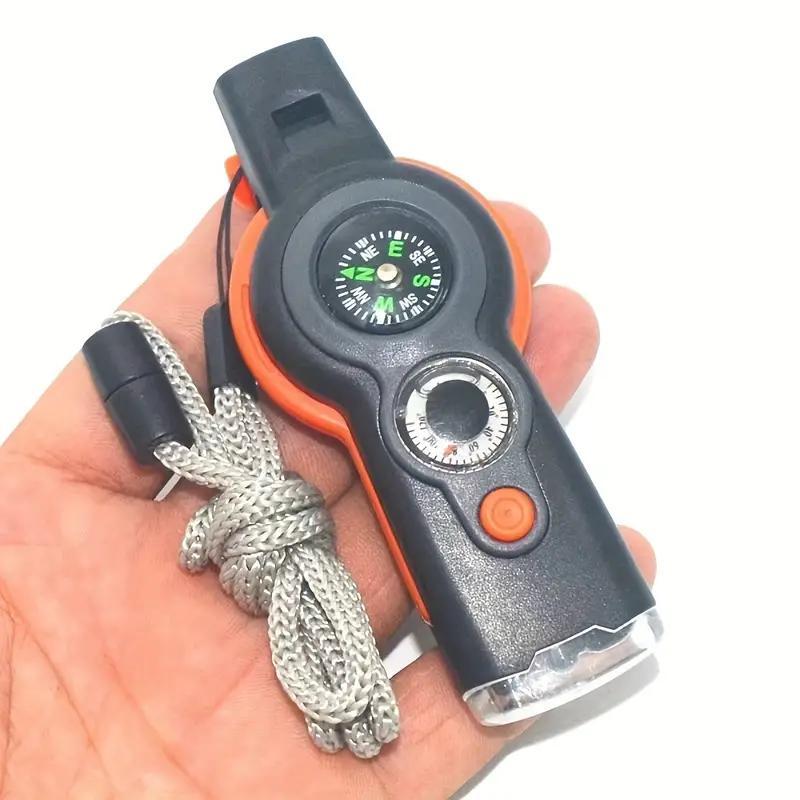 7 in 1 Outdoor Emergency Survival Whistle with LED Light & Compass & Thermometer, Multifunctional Whistle for Boating, Hiking, Camping, Climbing, Fishing, Christmas Gift